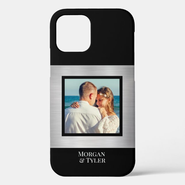 DIY Couple's Photo & Names Blk Square Silver Black Case-Mate iPhone Case (Back)