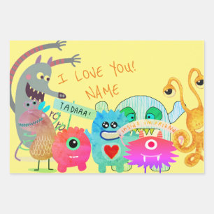DIY CUSTOM NAME HAPPY MONSTER GIFT WRAPPING PAPER SHEETS