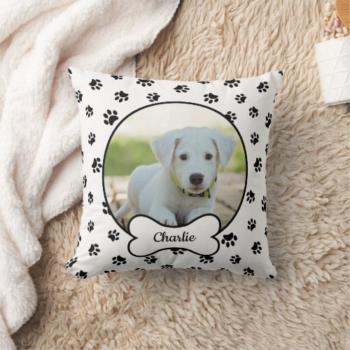 DIY Dog Photo Circle Name Bone Black Paw Prints Throw Pillow