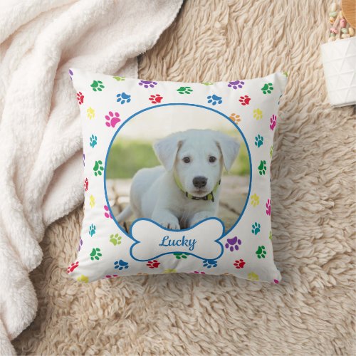 DIY Dog Photo Circle Name Bone Colorful Paw Prints Throw Pillow