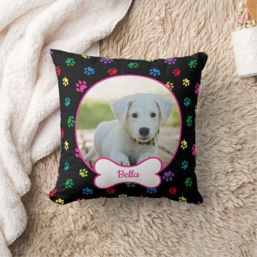 DIY Dog Photo Circle Name Bone Colorful Paws Black Throw Pillow