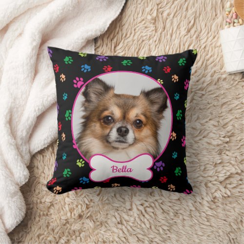 DIY Dog Photo Circle Name Bone Colorful Paws Black Throw Pillow