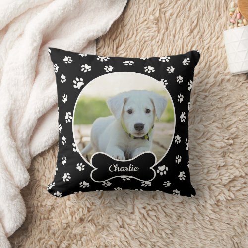 DIY Dog Photo Circle Name Bone White Paws Black Throw Pillow