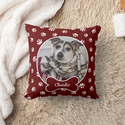 DIY Dog Photo Circle Name Bone White Paws Dark Red Throw Pillow