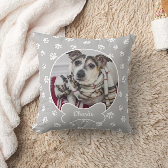 DIY Dog Photo Circle Name Bone White Paws Grey Throw Pillow (Blanket)
