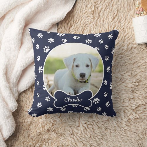 DIY Dog Photo Circle Name Bone White Paws Navy Throw Pillow