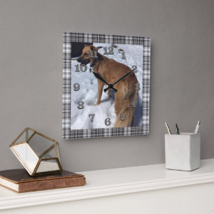 DIY dog photo with gray and black plaid frame Square Wall Clock