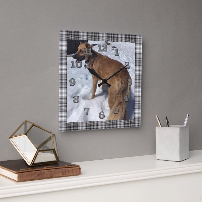 DIY dog photo with gray and black plaid frame Square Wall Clock (Office)