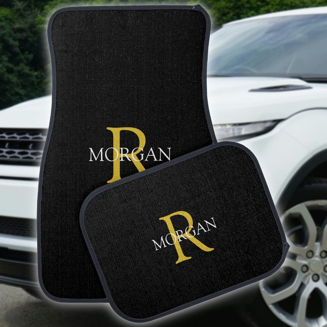 DIY Elegant Gold Monogram & White Name, Black Car Floor Mat (Creator Uploaded)