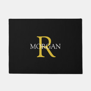 DIY Elegant Gold Monogram & White Name, Black Doormat