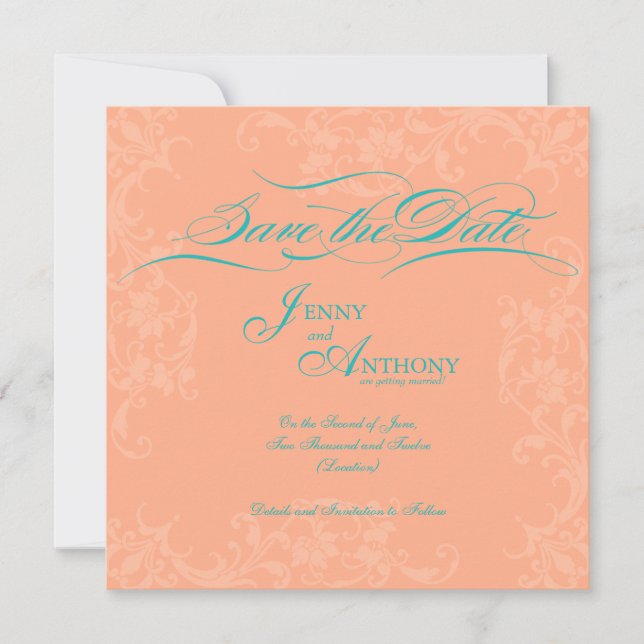 DIY Elegant Script Save the Date in Coral and Teal Invitation (Front)