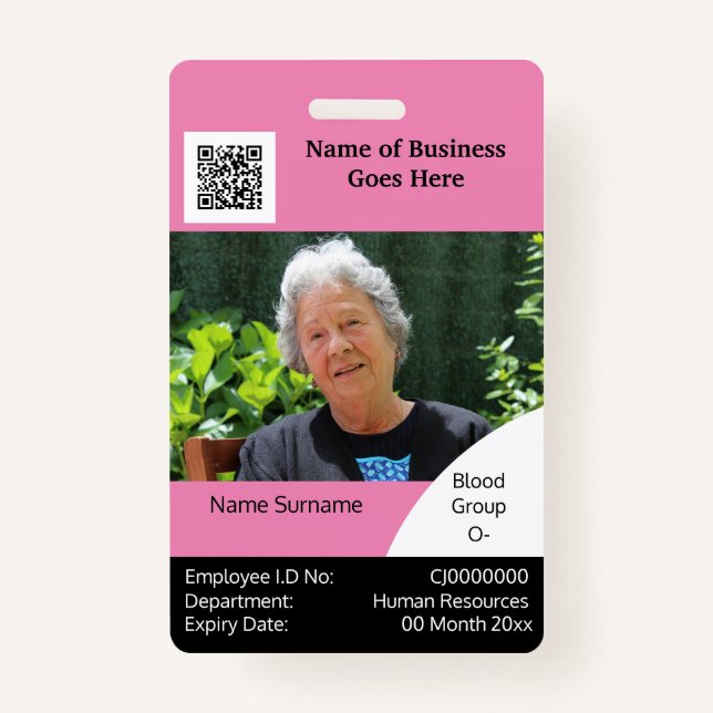 DIY Employee ID card pink black white template Badge (Front)