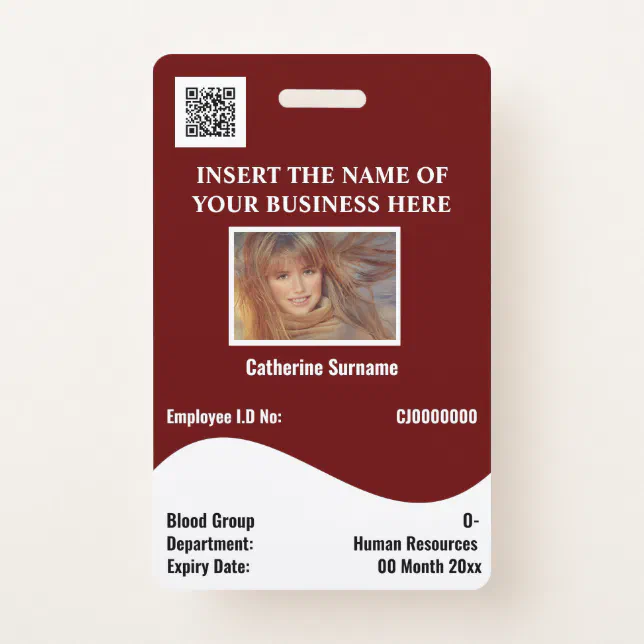 DIY employee ID card white wave maroon horizontal Badge | Zazzle