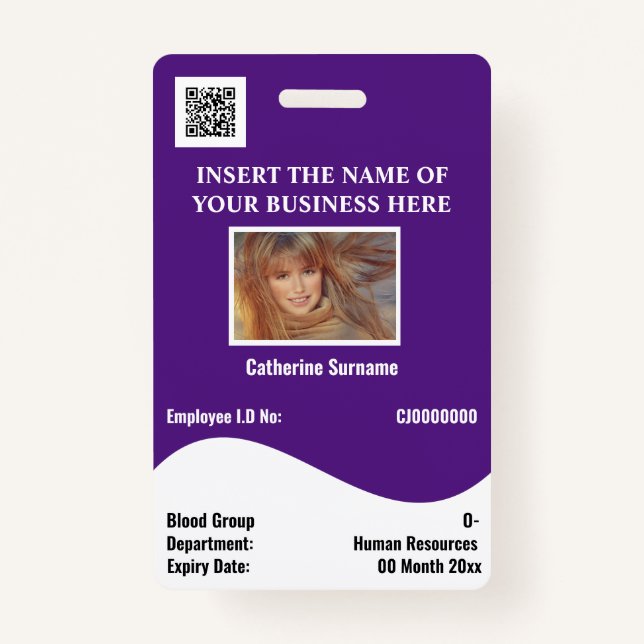 DIY employee ID card white wave purple horizontal Badge (Front)
