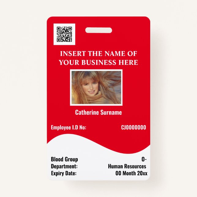 DIY employee ID card white wave red horizontal Badge (Front)