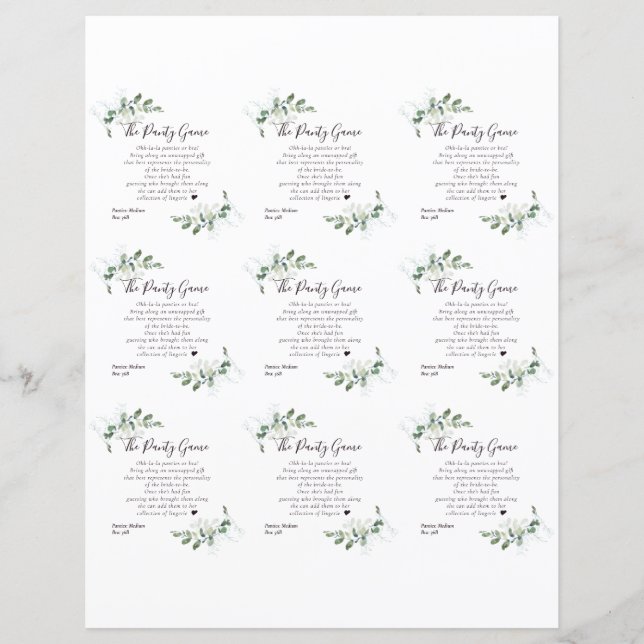 DIY Eucalyptus Bridal Shower Panty Game Card (Front)