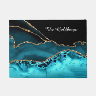 DIY Family Name White Script on Black/Teal Agate Doormat