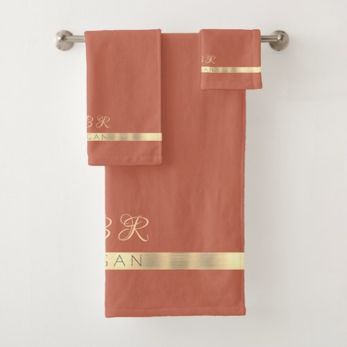 DIY Fancy Gold Monogram Name Gold Stripe Copper Bath Towel Set
