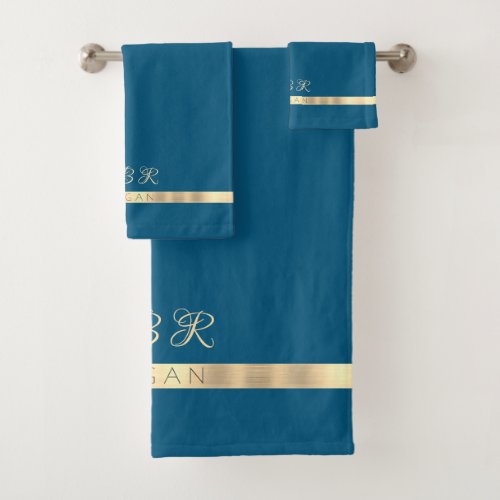 DIY Fancy Gold Monogram Name Gold Stripe Deep Blue Bath Towel Set