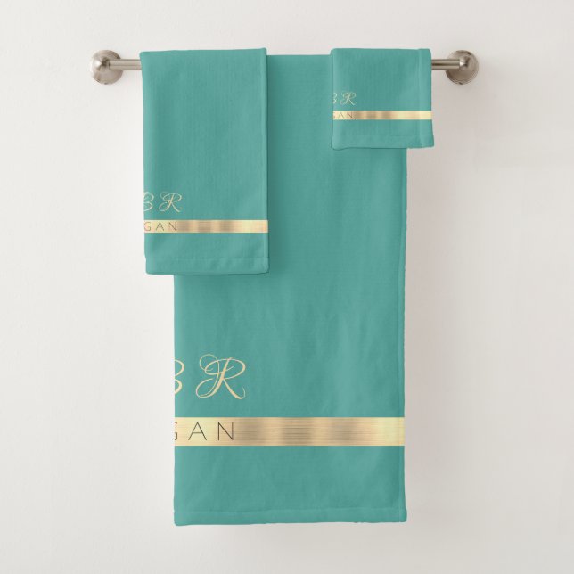 DIY Fancy Gold Monogram Name, Gold Stripe, Teal Bath Towel Set (Insitu)