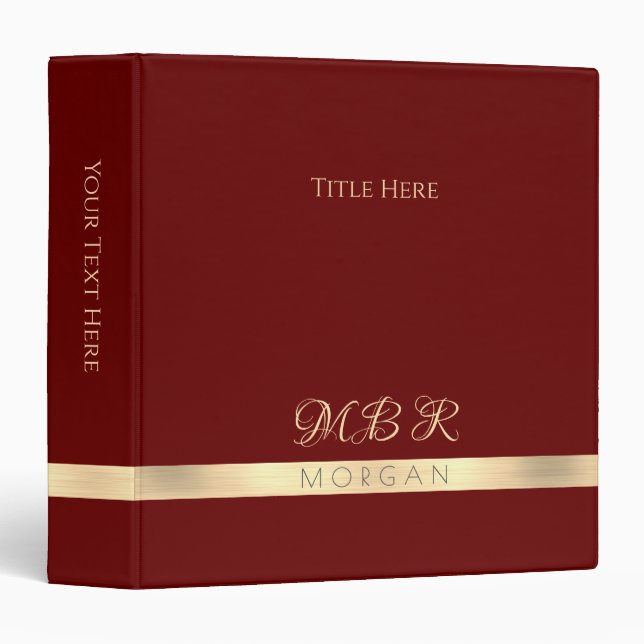 DIY Fancy Gold Monogram & Name, Title, Dark Red 3 Ring Binder (Front/Spine)