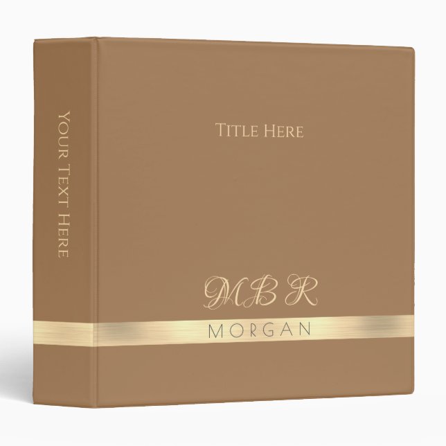 DIY Fancy Gold Monogram & Name, Title, Light Brown 3 Ring Binder (Front/Spine)