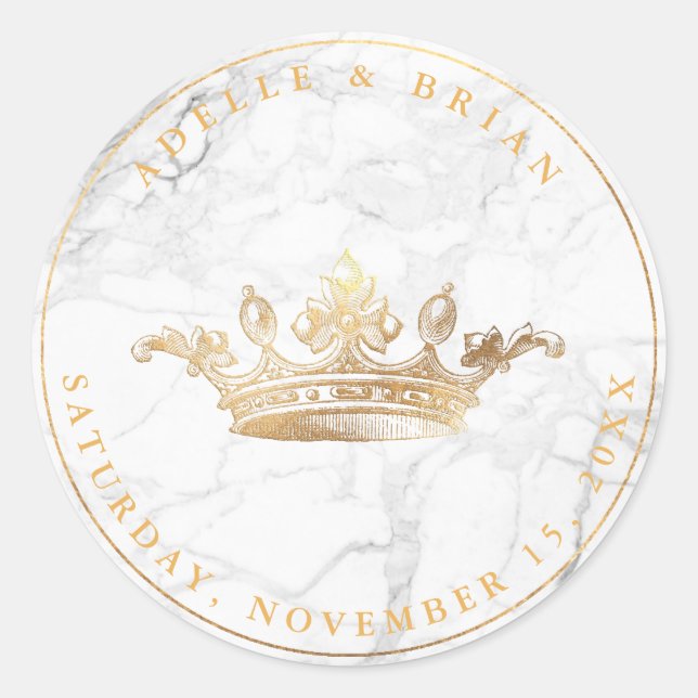 DIY Faux Gold Crown w/Pearl+Marble Classic Round Sticker (Front)
