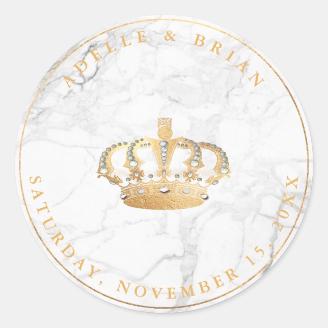 DIY Faux Gold Crown w/Pearl+Marble Classic Round Sticker (Front)