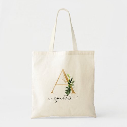 DIY Faux Gold Monogram A_Z Tropical Foliage Tote Bag