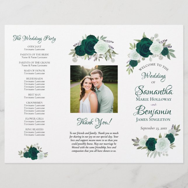 DIY Fold Emerald Boho Roses Wedding Program Flyer (Front)