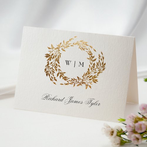 DIY Folded Classic Monogram Gold Crest Place Cards