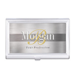 DIY Gold Monogram White Name, Lt/Dk Brushed Silver Business Card Case