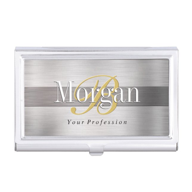 DIY Gold Monogram White Name, Lt/Dk Brushed Silver Business Card Case (Front)