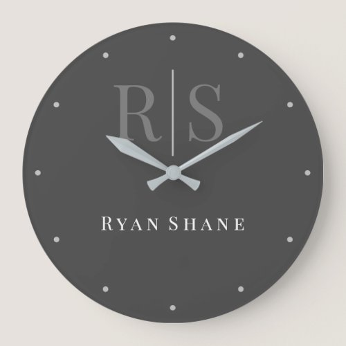 DIY Grey Monogram/White Name, Dark Grey, Hour Dots Large Clock