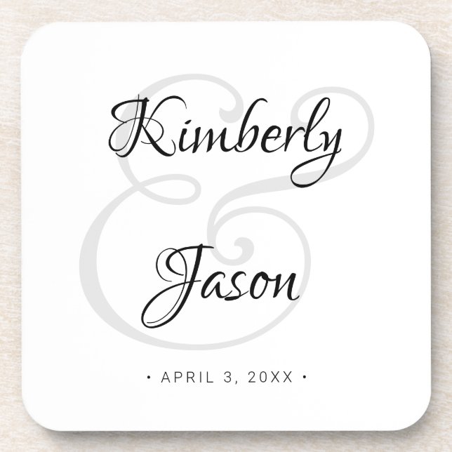 DIY His & Her Script Names, Black & Gray Wedding Beverage Coaster (Front)