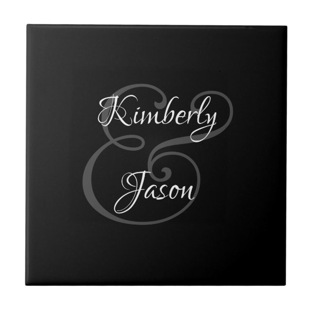 DIY His & Her Script Names, White & Grey on Black  Ceramic Tile (Front)