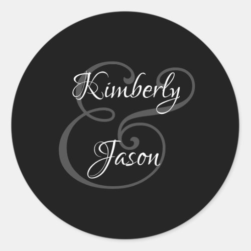 DIY His  Her Script Names White  Grey on Black  Classic Round Sticker