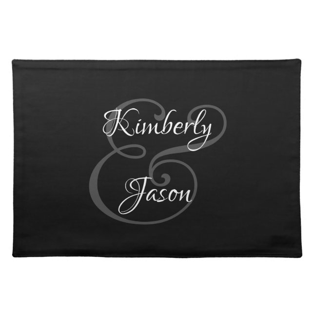DIY His & Her Script Names, White & Grey on Black Cloth Placemat (Front)