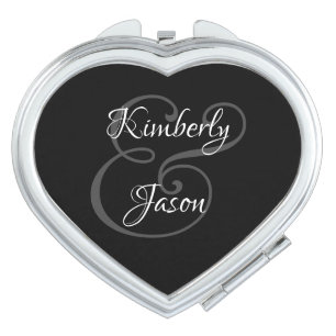 DIY His & Her Script Names, White & Grey on Black Compact Mirror