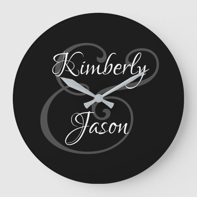 DIY His & Her Script Names, White & Grey on Black  Large Clock (Front)