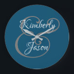 DIY His & Her Script Names, White & Grey on Black  Large Clock<br><div class="desc">His and her names in beautiful white and grey script lettering for an elegant design on ocean blue background. Click “Customize” to change colors and type styles.</div>