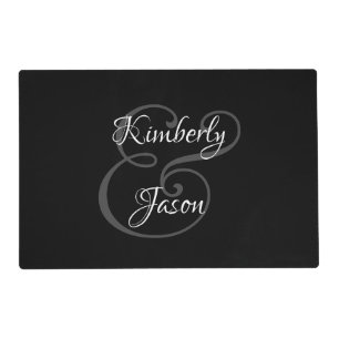 DIY His & Her Script Names, White & Grey on Black Placemat