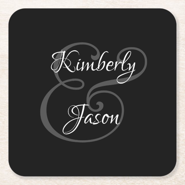 DIY His & Her Script Names, White & Grey on Black  Square Paper Coaster (Front)