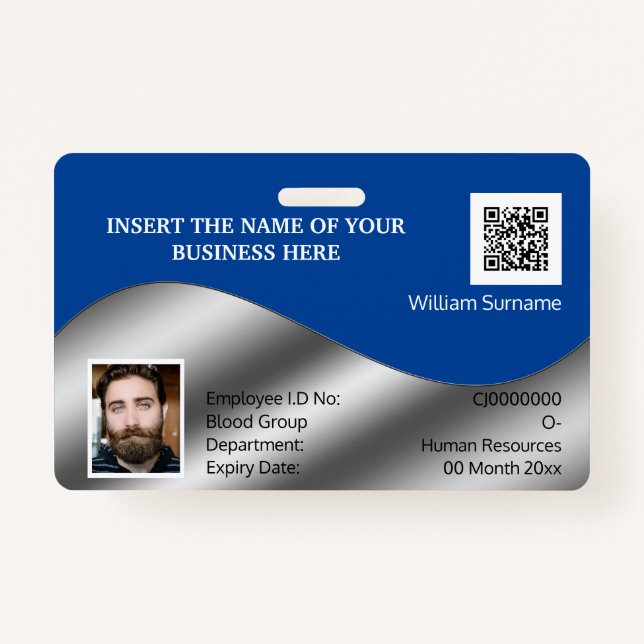 DIY ID card faux silver blue | photo logo template Badge (Front)