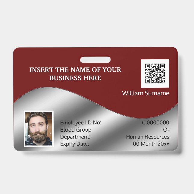 DIY ID card faux silver maroon photo logo template Badge (Front)