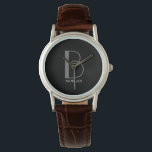DIY Large Monogram & Name, Grey/White Text, Black Watch<br><div class="desc">Personalize this stylish and simple text design with your name in white and your large monogram in grey on black background. Click “Edit Using Design Tool” to change colors and type styles.</div>