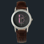 DIY Large Monogram & Name, Pink/White Text, Black Watch<br><div class="desc">Personalize this stylish and simple text design with your name in white and your large monogram in pink on black background. Click “Edit Using Design Tool” to change colors and type styles.</div>