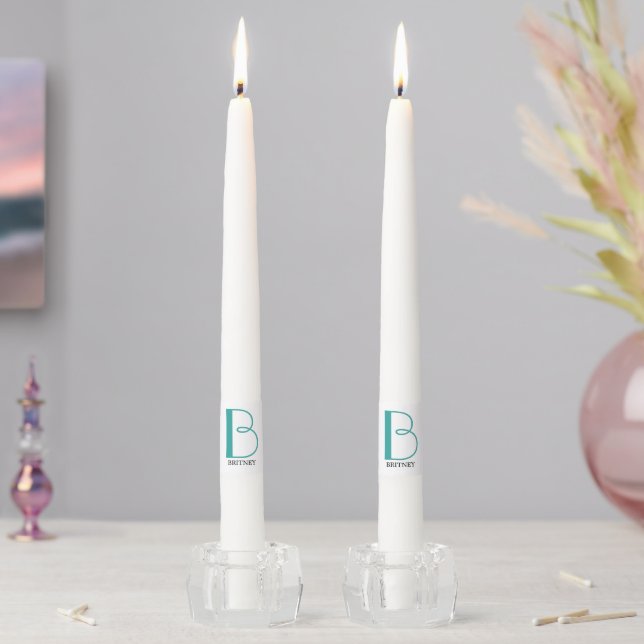 DIY Large Monogram & Name, Teal & Black Text Taper Candle (In Situ)