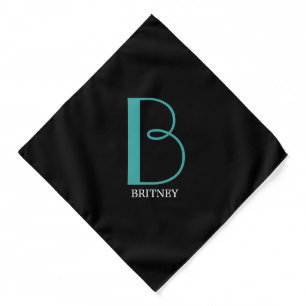 DIY Large Monogram & Name, Teal/White Text, Black Bandana