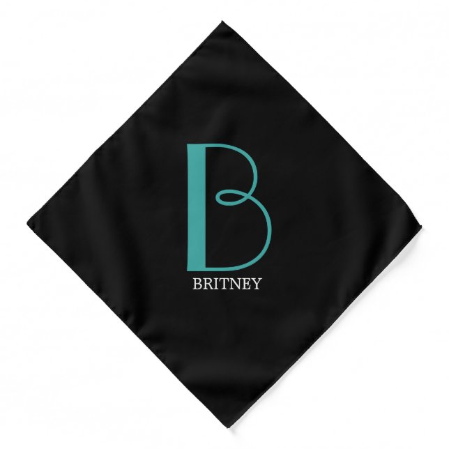 DIY Large Monogram & Name, Teal/White Text, Black Bandana (Front)